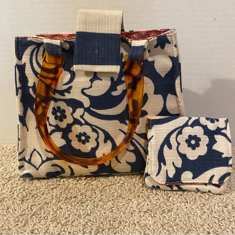 Floral Canvas Bag with Matching Pouch - Blue